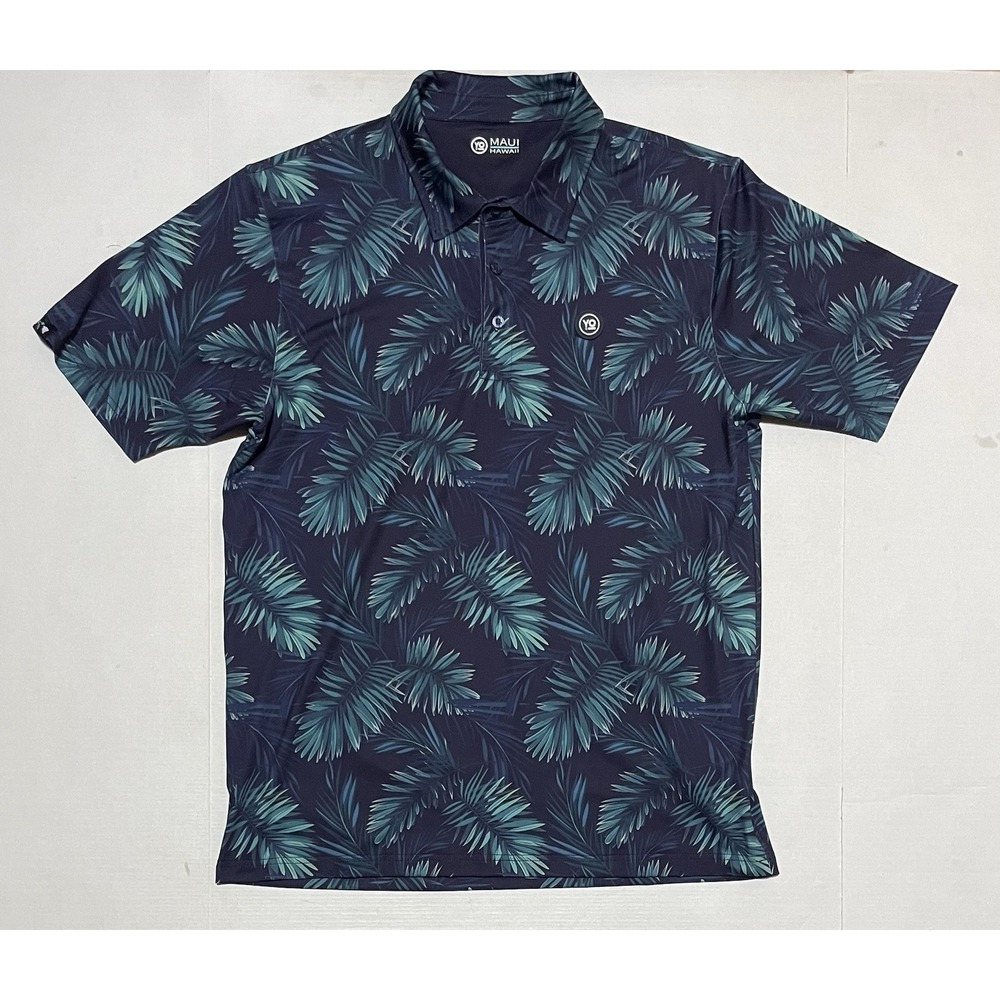 Maui Hawaii YO Polo Shirt Men Medium Blue Tropical Palm Leaf Golf Performance